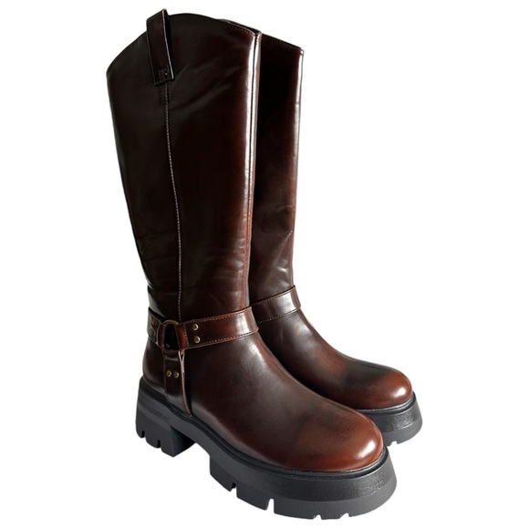 NEW PrettyLittleThing Women’s Brown Cleated Sole Buckle Mid-Calf Boot Size 10 - Picture 6 of 14